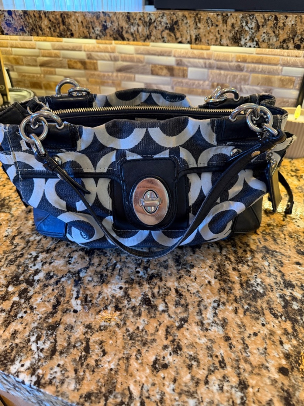 Coach Denim,  Black & Chalk Signature Canvas Shoulder Bag with Turn-Lock